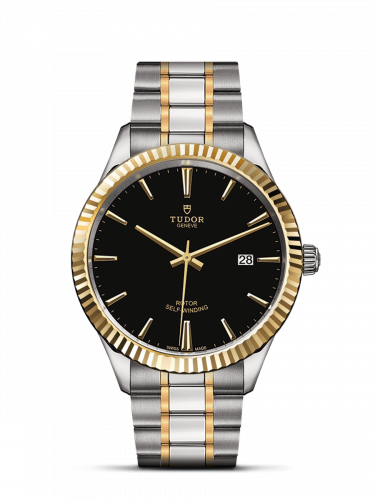 Tudor Style 41 Stainless Steel Yellow Gold Fluted Black Bracelet