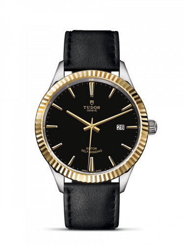 Tudor Style 41 Stainless Steel Yellow Gold Fluted Black Strap