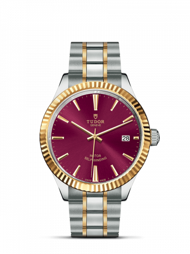 Tudor Style 38 Stainless Steel Yellow Gold Fluted Burgundy Bracelet