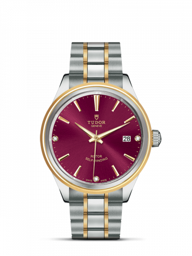 Tudor Style 38 Stainless Steel Yellow Gold Burgundy-Diamond Bracelet