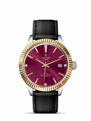 Tudor Style 38 Stainless Steel Yellow Gold Fluted Burgundy-Diamond Strap