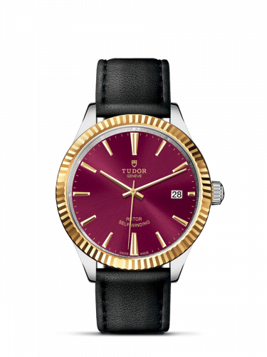 Tudor Style 38 Stainless Steel Yellow Gold Fluted Burgundy Strap