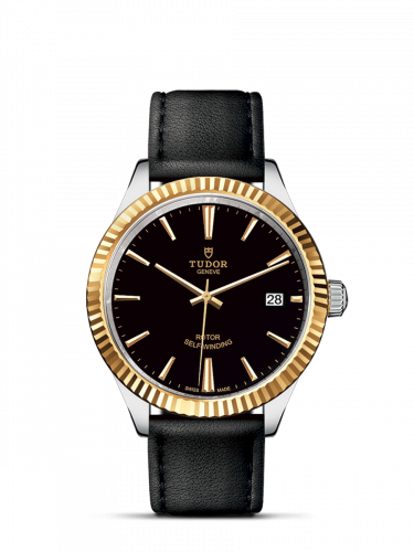 Tudor Style 38 Stainless Steel Yellow Gold Fluted Black Strap