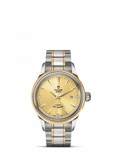Tudor Style 28 Stainless Steel Yellow Gold Champagne-Diamond Bracelet