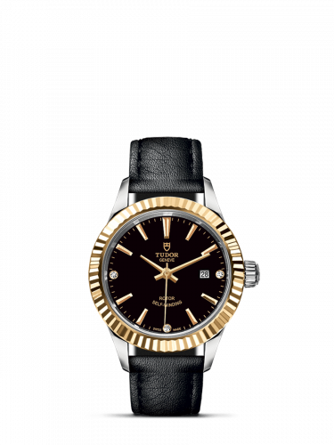 Tudor Style 28 Stainless Steel Yellow Gold Fluted Black-Diamond Strap