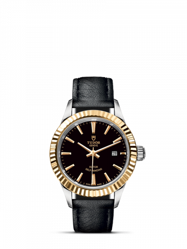 Tudor Style 28 Stainless Steel Yellow Gold Fluted Black Strap