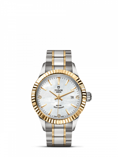 Tudor Style 28 Stainless Steel Yellow Gold Fluted MOP-Diamond Bracelet