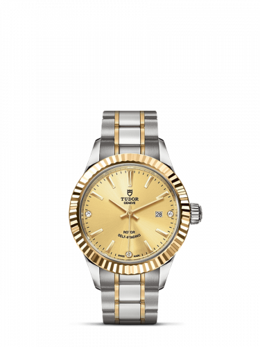 Tudor Style 28 Stainless Steel Yellow Gold Fluted Champagne-Diamond Bracelet