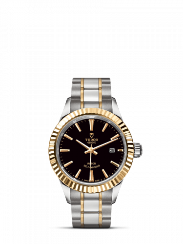 Tudor Style 28 Stainless Steel Yellow Gold Fluted Black Bracelet