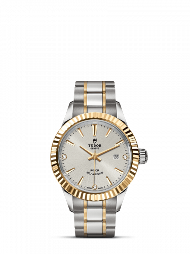 Tudor Style 28 Stainless Steel Yellow Gold Fluted Silver-Diamond Bracelet