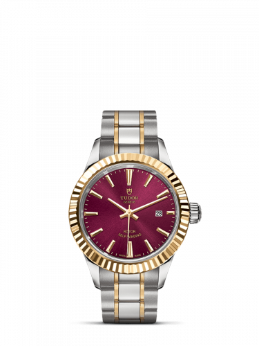 Tudor Style 28 Stainless Steel Yellow Gold Fluted Burgundy Bracelet