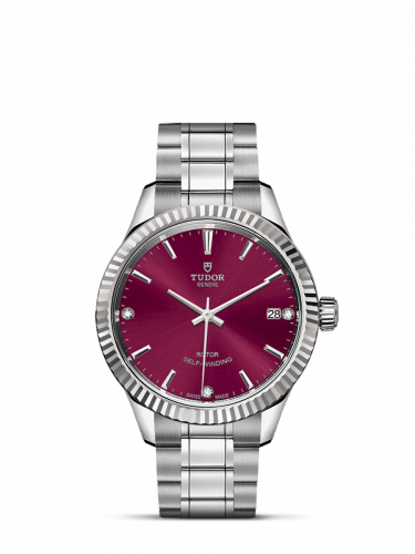Tudor Style 34 Stainless Steel Fluted Burgundy-Diamond Bracelet
