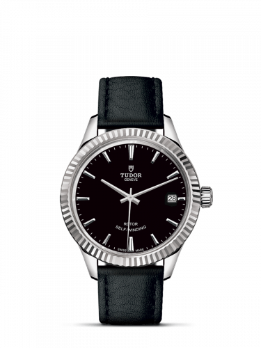 Tudor Style 34 Stainless Steel Fluted Black Strap