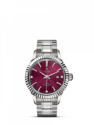Tudor Style 28 Stainless Steel Fluted Burgundy-Diamond Bracelet