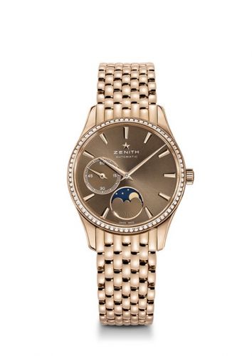 Zenith Elite Ultra Thin Lady Moonphase Rose Gold Brown Diamond Bracelet