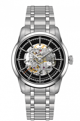 Hamilton Railroad 42 Skeleton Auto Stainless Steel Black Bracelet