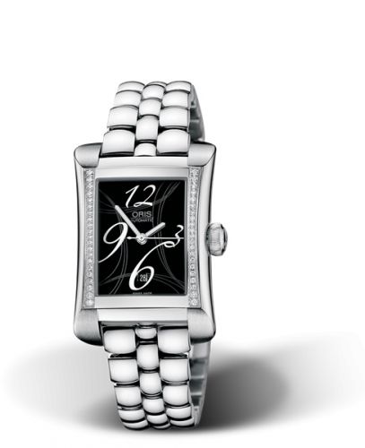 Oris Rectangular Date Diamonds 25.9 Stainless Steel Black Bracelet
