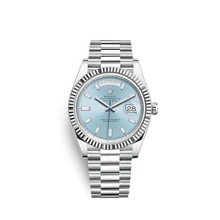 Rolex Day-Date 40 Platinum - Fluted Ice Blue - Baguette