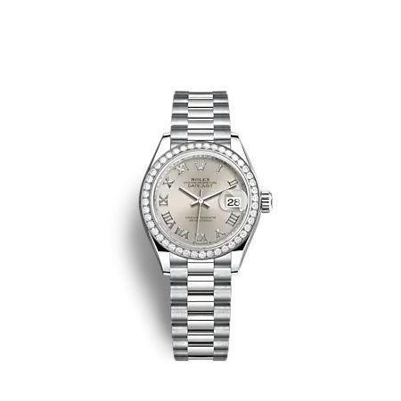 Rolex Lady-Datejust 28 White Gold - Diamond President Silver - Roman