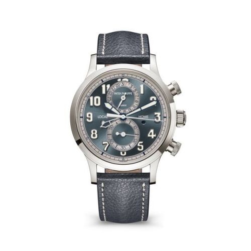 Patek Philippe Calatrava Pilot Travel Time Chronograph White Gold Grey