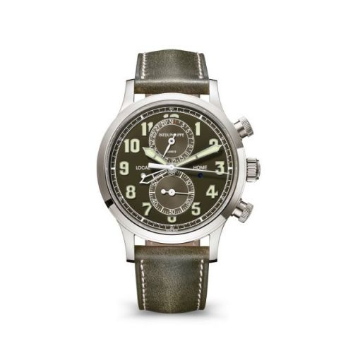 Patek Philippe Calatrava Pilot Travel Time Chronograph White Gold Green