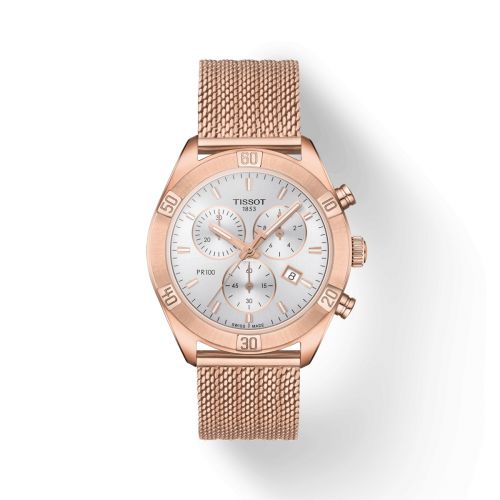 Tissot PR 100 Sport Chic Chronograph 38 Rose Gold PVD Silver Bracelet