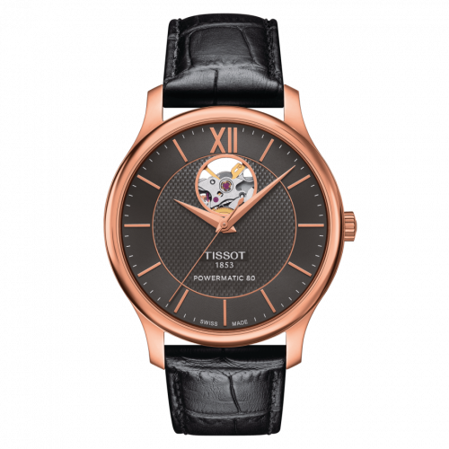 Tissot Tradition Powermatic 80 Open Heart 40 Rose Gold Grey Strap