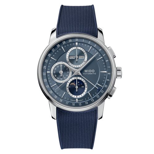 Mido Baroncelli Chronograph Moonphase Stainless Steel Blue Rubber
