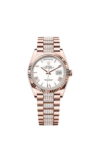 Rolex Day-Date 36 Everose Gold - Fluted White - Roman President - Diamond