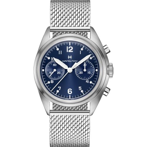 Hamilton Khaki Aviation Pilot Pioneer Mechanical Chronograph Stainless Steel Blue Bracelet