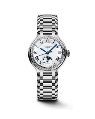 Longines PrimaLuna 34 Automatic Moonphase Stainless Steel - Diamond Silver - Roman Bracelet