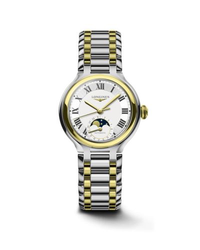 Longines PrimaLuna 34 Automatic Moonphase Stainless Steel - Yellow Gold Silver - Roman Bracelet