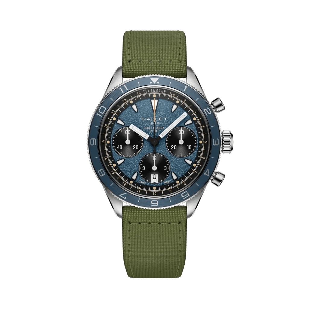 Gallet Multichron Pilot Stainless Steel / Blue / Green Fabric