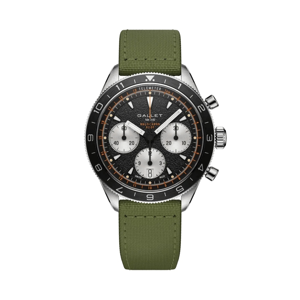 Gallet Multichron Pilot Stainless Steel / Black / Green Fabric