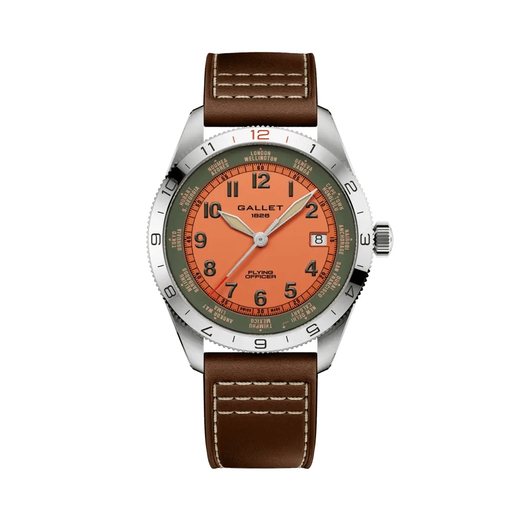 Gallet Flying Officer Automatic Stainless Steel / Orange / Brown Calf