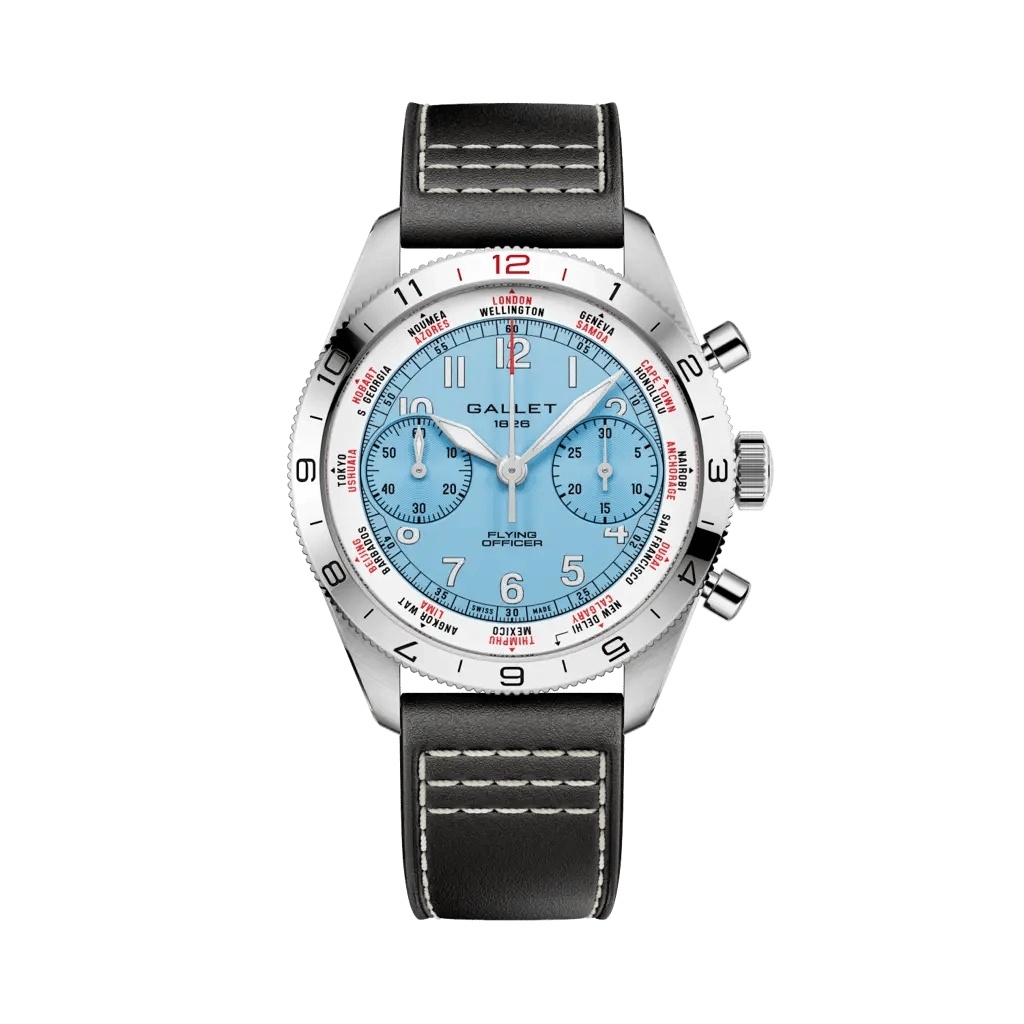 Gallet Flying Officer Chronograph Stainless Steel / Light Blue / Black Calf