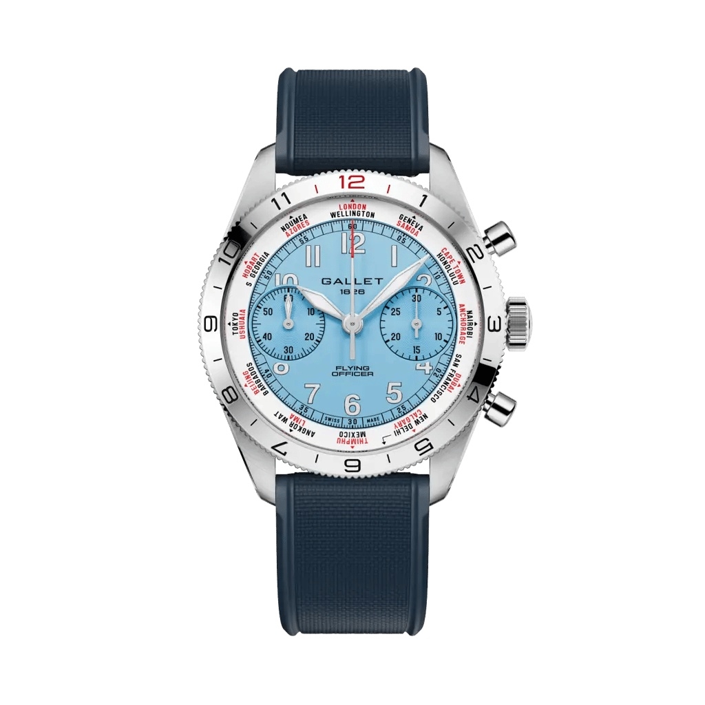 Gallet Flying Officer Chronograph Stainless Steel / Light Blue / Blue Rubber