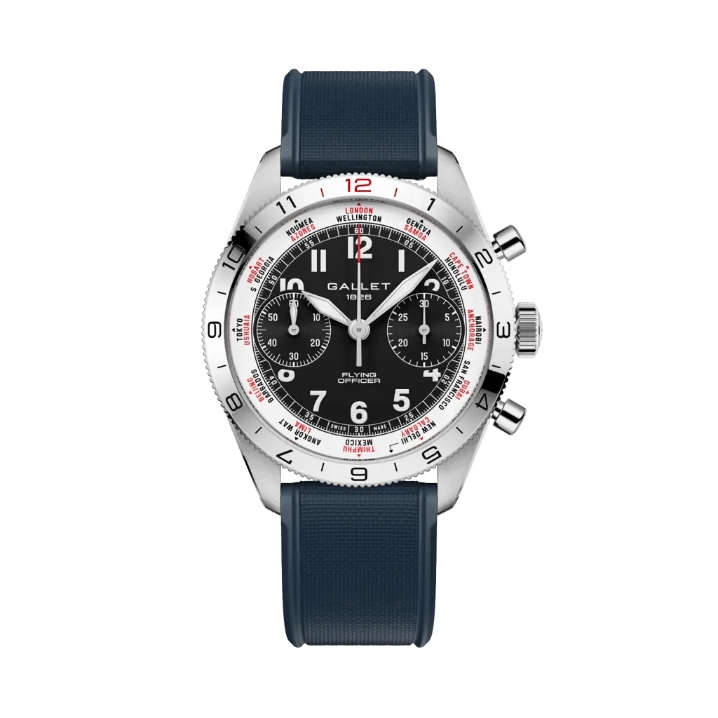 Gallet Flying Officer Chronograph Stainless Steel / Black / Blue Rubber