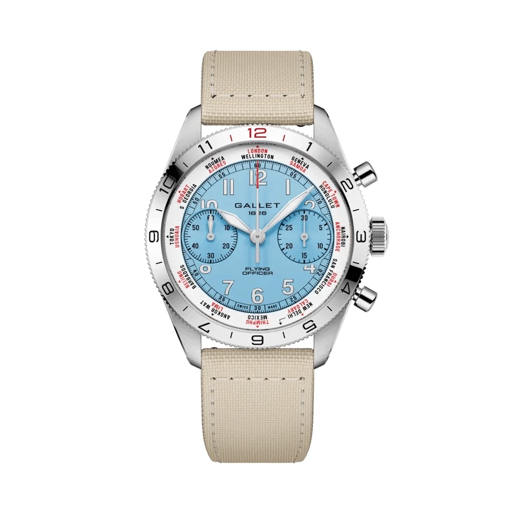 Gallet Flying Officer Chronograph Stainless Steel / Light Blue / Beige Fabric