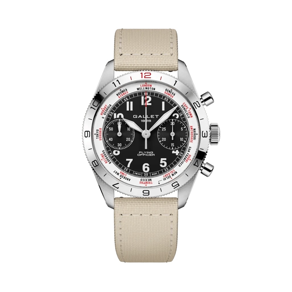 Gallet Flying Officer Chronograph Stainless Steel / Black / Beige Fabric