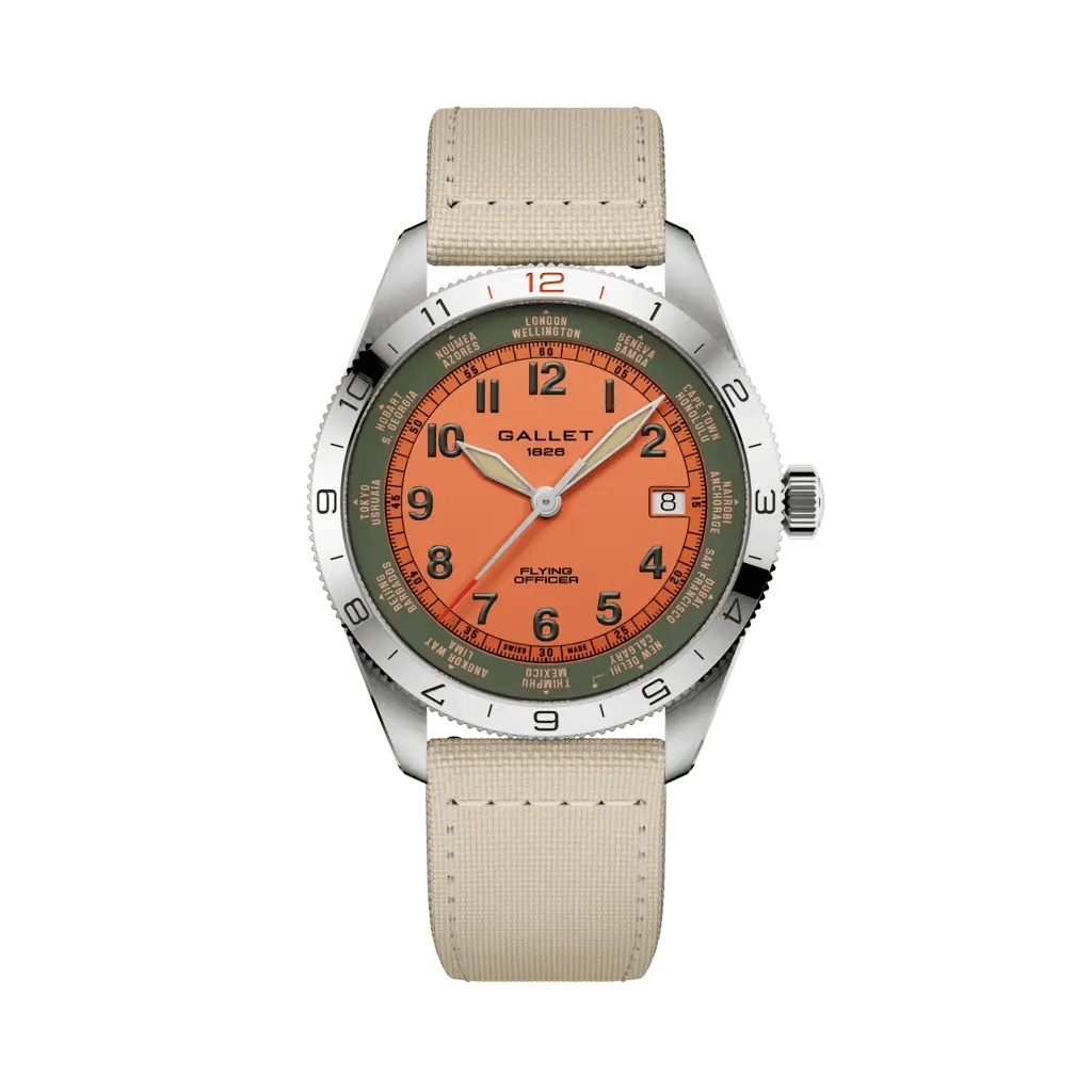 Gallet Flying Officer Automatic Stainless Steel / Orange / Beige Fabric