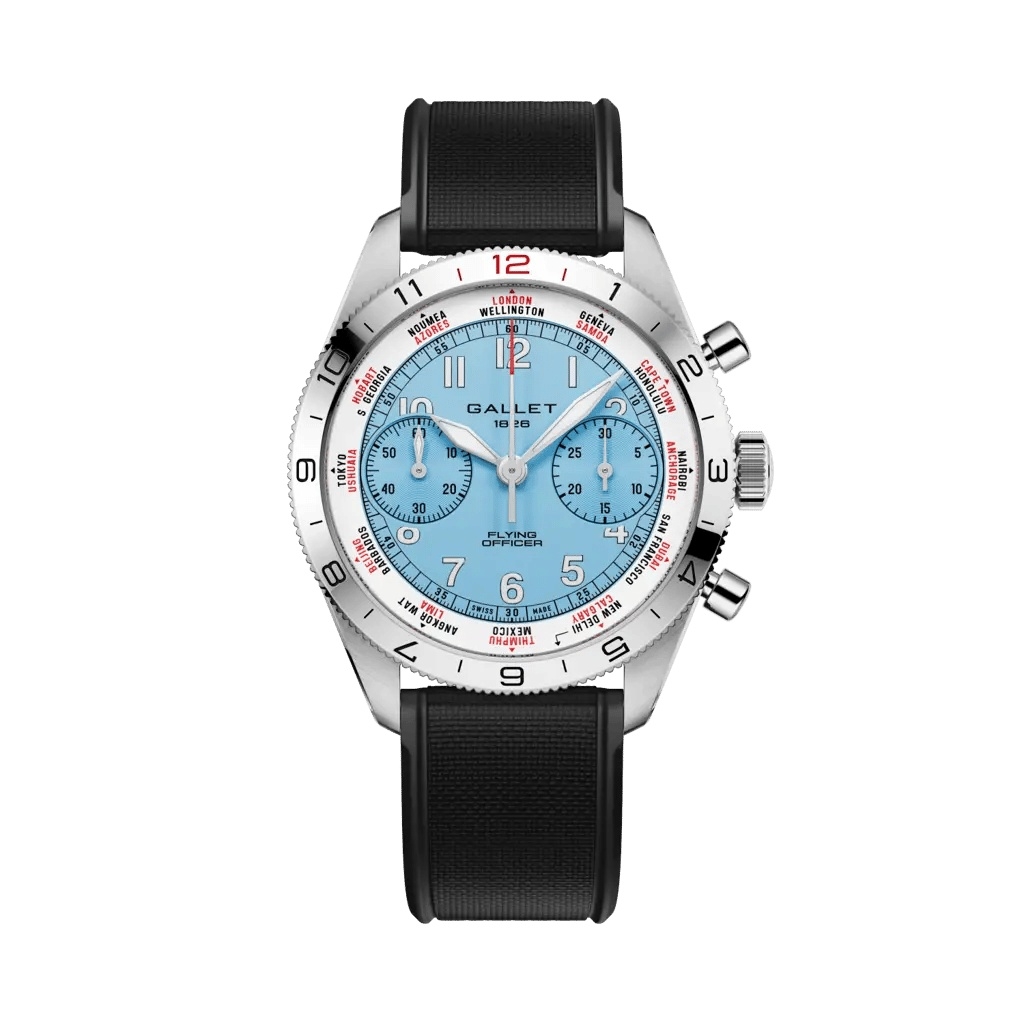 Gallet Flying Officer Chronograph Stainless Steel / Light Blue / Black Rubber