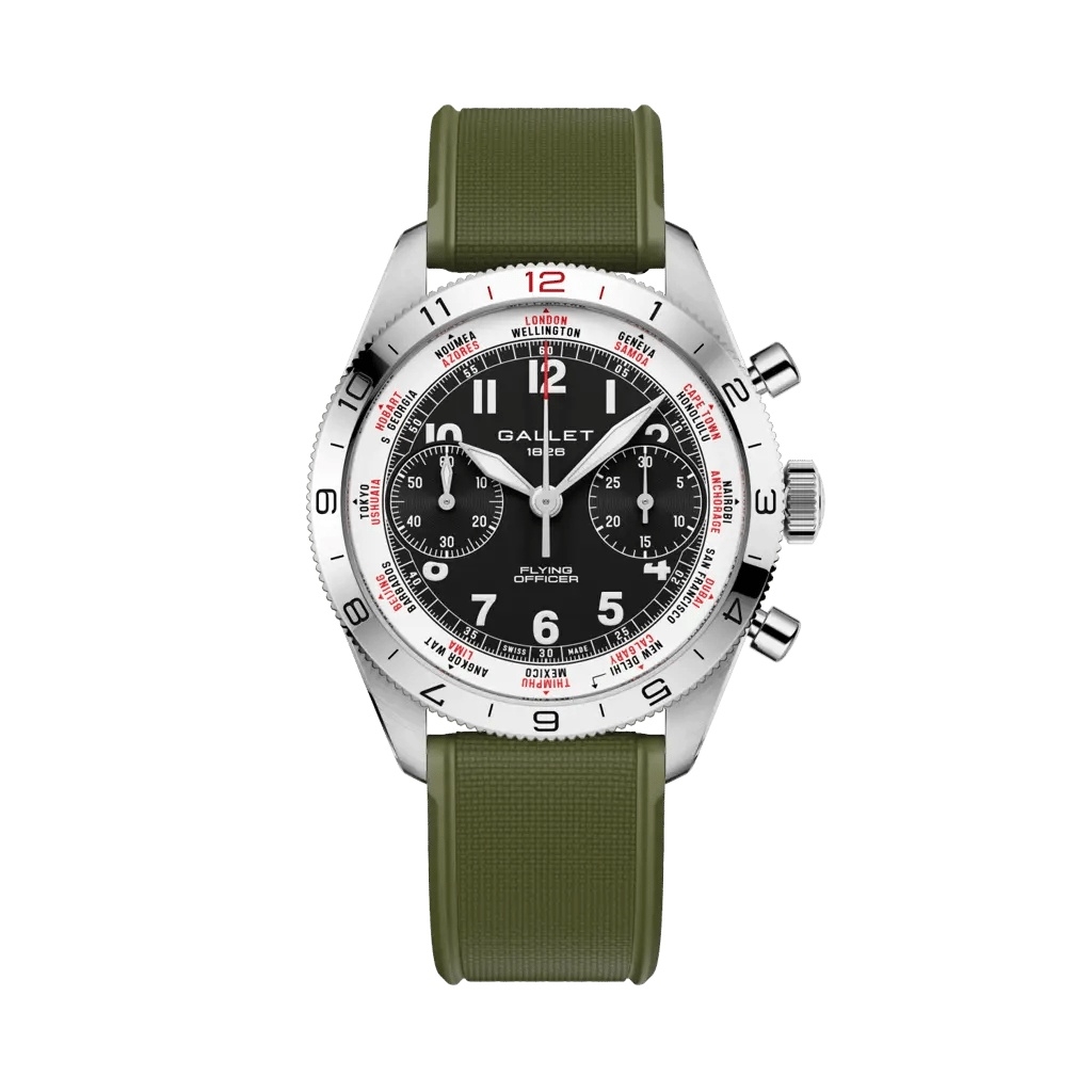 Gallet Flying Officer Chronograph Stainless Steel / Black / Green Rubber