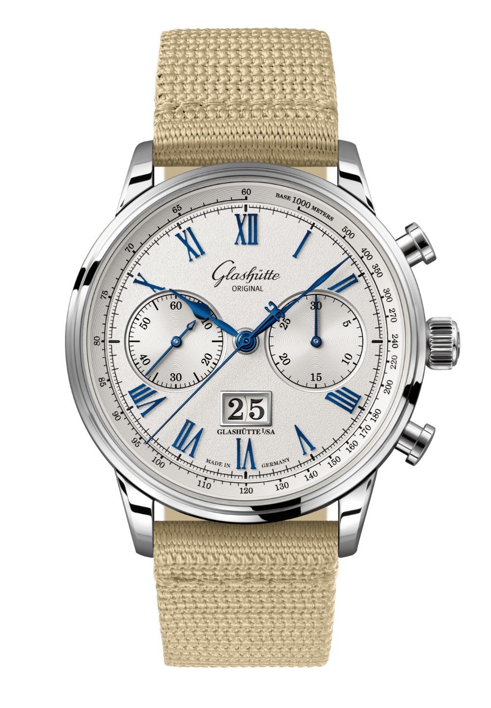 Glashütte Original Senator Chronograph Stainless Steel / Silver - Roman / Fabric