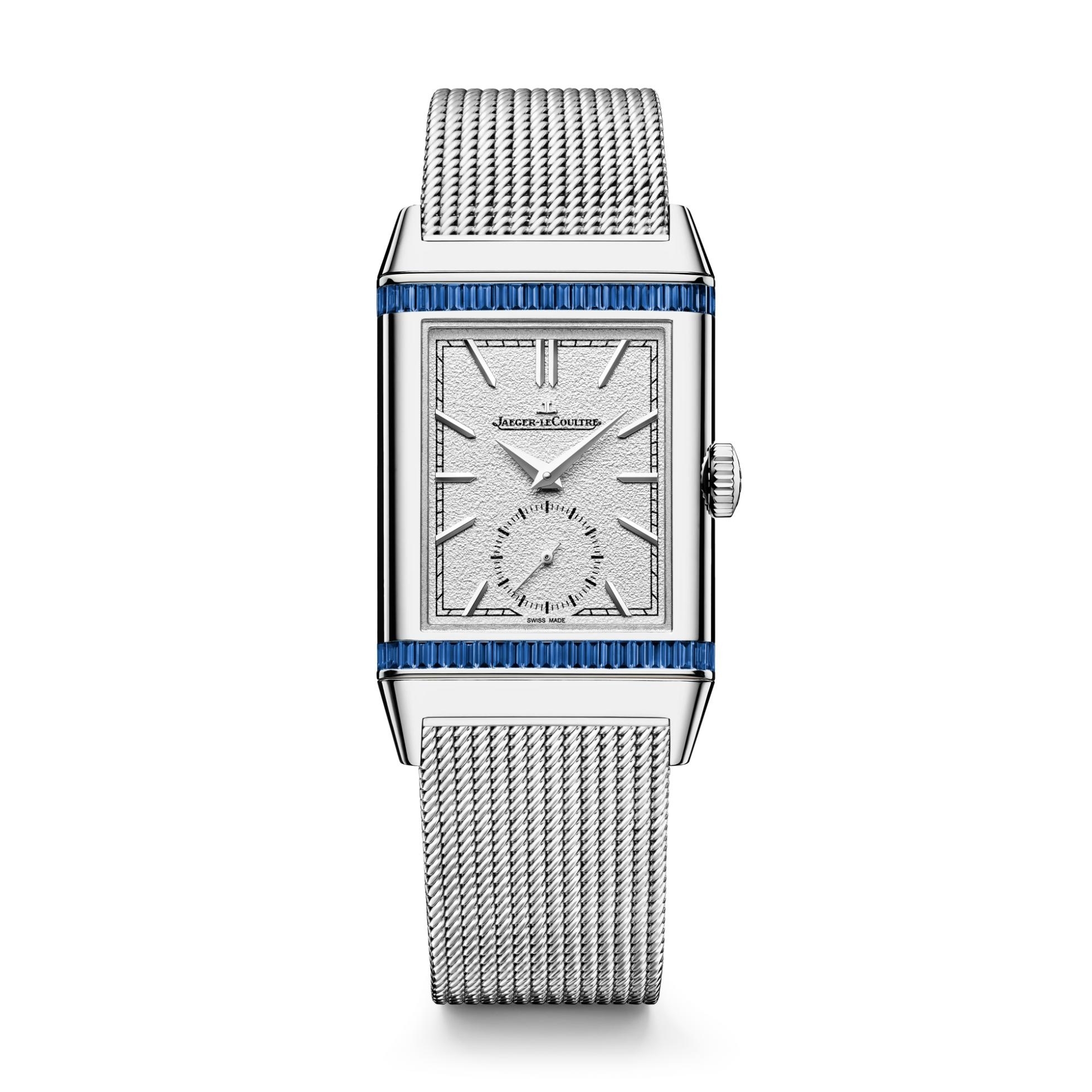 Jaeger-LeCoultre Reverso Tribute Monoface Small Seconds Or Deco Cocktail White Gold - Sapphire / Silver / Milanese