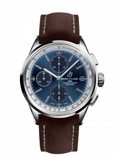 Breitling Premier Chronograph 42 Stainless Steel Blue Nubuck Brown Tang