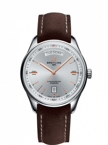 Breitling Premier Automatic Day & Date 40 Stainless Steel Silver Nubuck Brown Folding