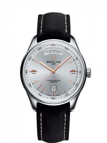 Breitling Premier Automatic Day & Date 40 Stainless Steel Silver Nubuck Black Folding