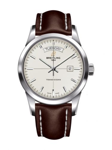 Breitling Transocean Day & Date Stainless Steel Silver Calf Pin
