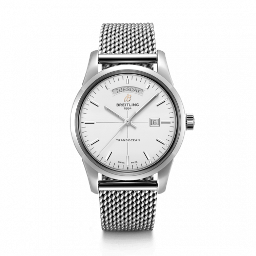 Breitling Transocean Day & Date Stainless Steel Silver Milanese